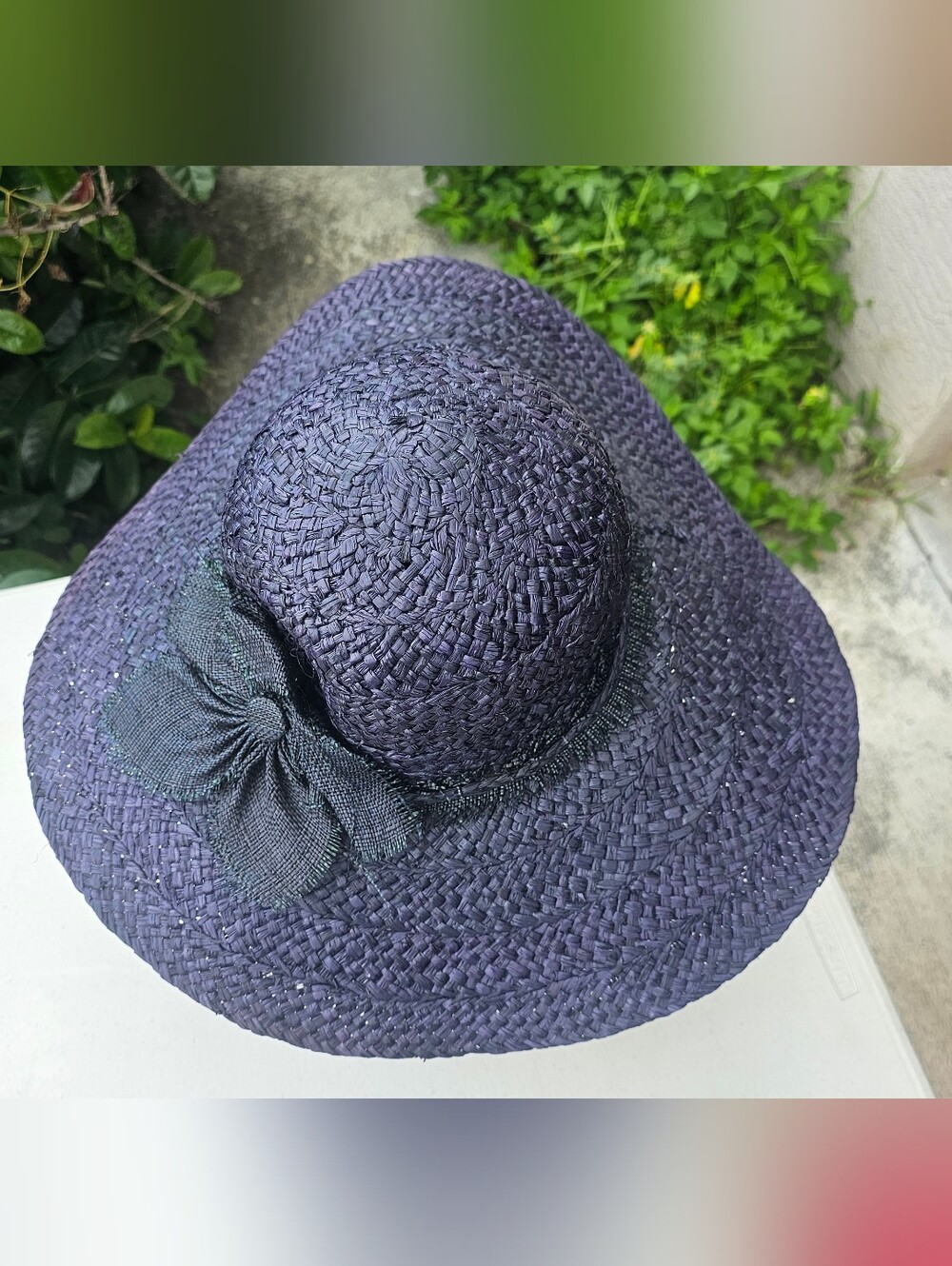 Wide Brim Straw Sun Hat with Bow - Navy